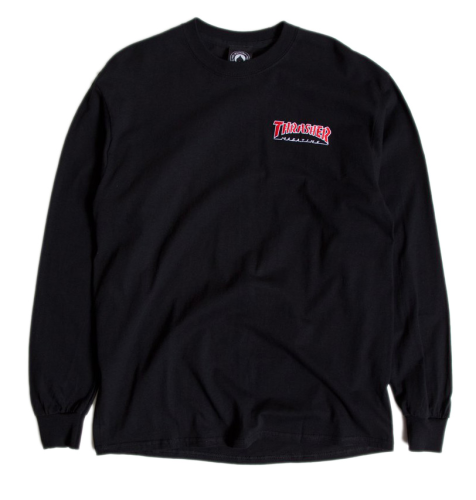 THRASHER TEE SHIRT EMBROIDERED OUTLINED LS BLACK